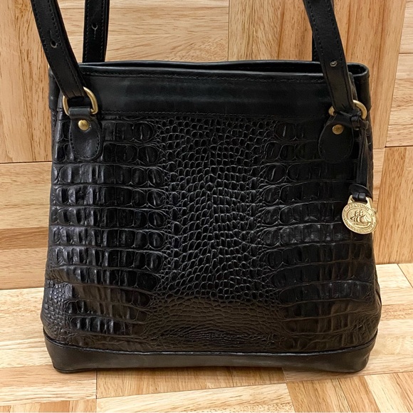 Vintage BRAHMIN Black Embossed Croc Leather Double Strap Bucket Shoulder Bag - Picture 10 of 16